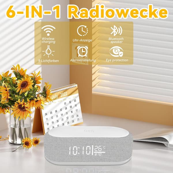 Digital Alarm Clock, Bluetooth Digital Audio Alarm Clock - 9 Colors Night Light, Bluetooth Speaker, Wireless Charger for iPhone/Samsung, Temperature