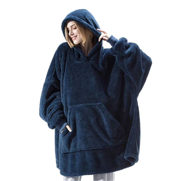 Oversized hættetæppe sweatshirt Dobbeltsidet fleece Bærbart tæppe Par Mænd Kvinder Hjem Blue