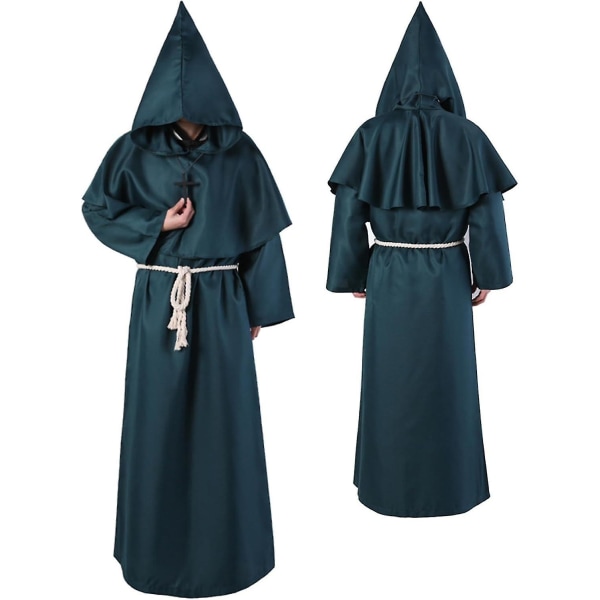 Unisex voksen middelalderkåbe kostume munk hættekåbe kappe broder præst troldmand halloween tunika kostume 3 stk. Green Medium