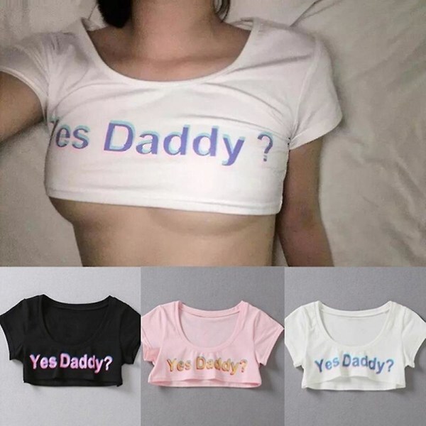 Kvindes T-shirt med bogstavprint, korte ærmer, 'Yes Daddy', afgrødet, løbe-t-shirt Black