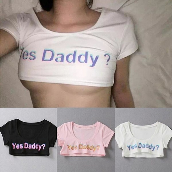 Kvinnor Letter Print Kortärmad Ja Daddy Kort Toppärmad Crop Running T-shirt Black