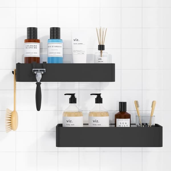 Self-Adhesive Shower Shelf 2-pack - Stainless Steel - Drill-Free Bathroom Storage (Black)