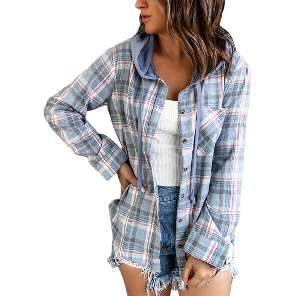 Kvinnlig Rutig Långärmad Skjorta Casual Huvtröja Knäppt Jacka Blue XXL