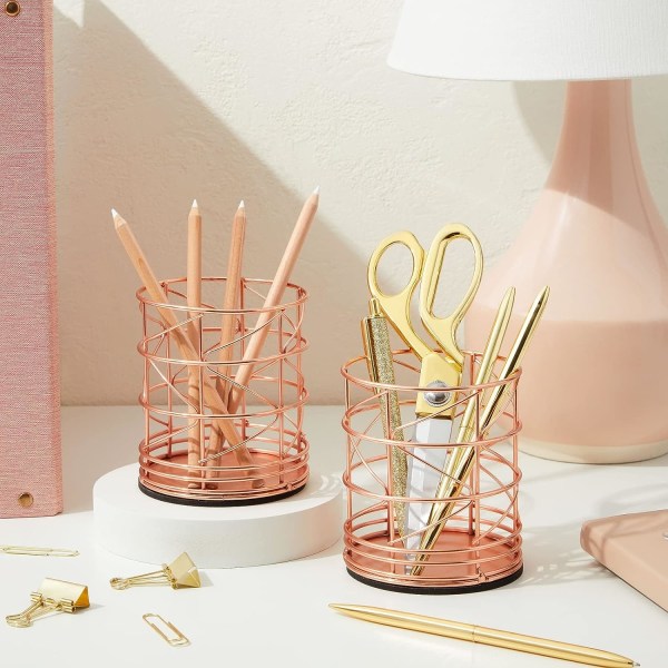 2-pak roseguld penneholder, blyantkop til kontorbord, makeupbørsteorganisator til forfængelighedsbordplade (10,2 cm)