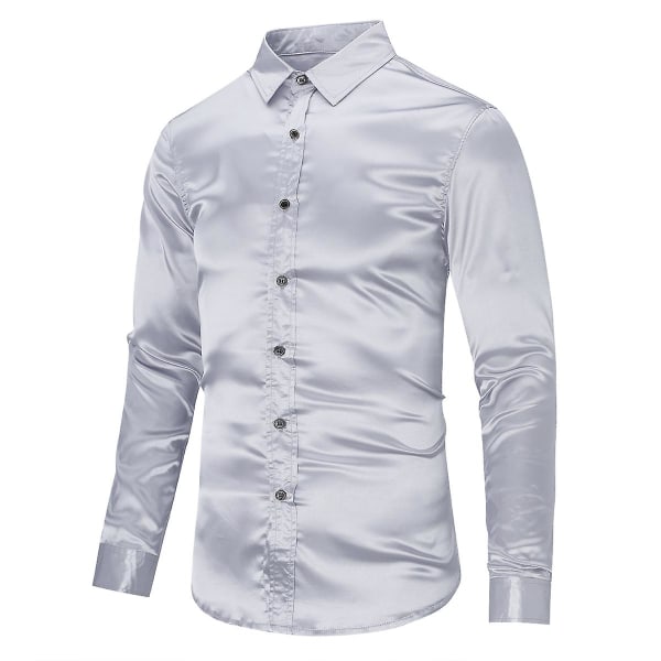 Sliktaa Casual Mode för män glänsande långärmad Slim-Fit formell skjorta Gray S