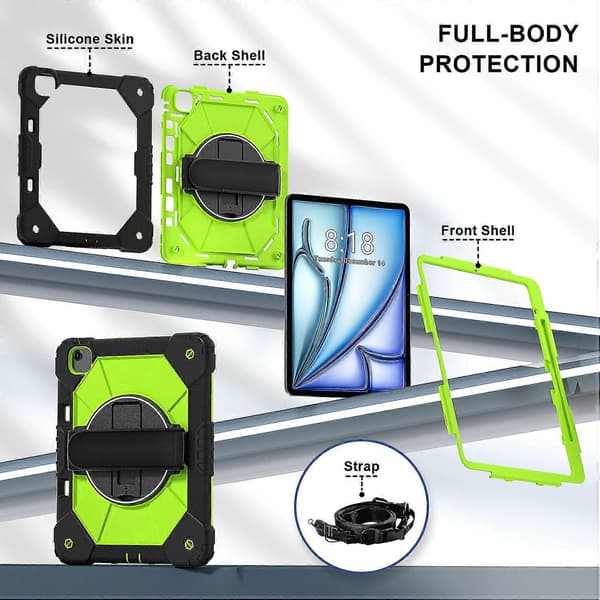 Case for iPad Air 13 (2024) Silicone+PC Stand Tablet Protection with Hand Strap, Shoulder Strap