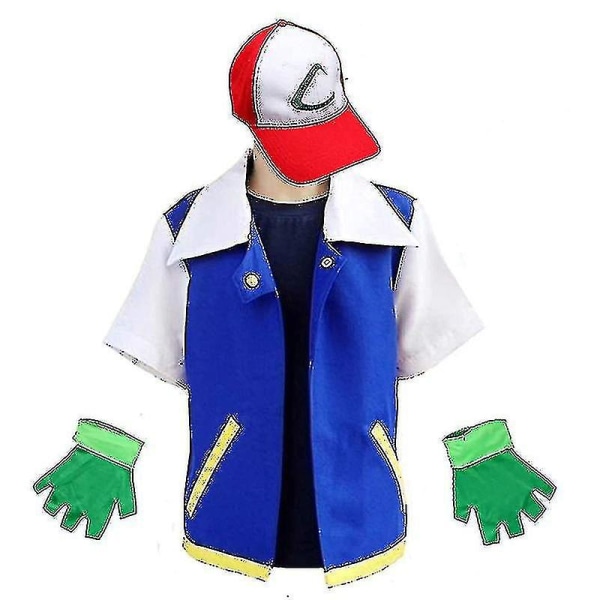 Miesten Anime Blue Jacket -asu Pojat Tytöt Ash Ketchum Cosplay Yhteensopiva Halloween Partyn kanssa Naisten cap ja set XXL