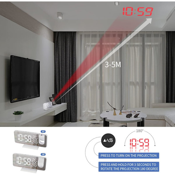 Projector Alarm Clock, Clock Radio with Temperature, Humidity, 7.5 Inch Mirror LED Screen, with Automatic Dimming Function, (White)