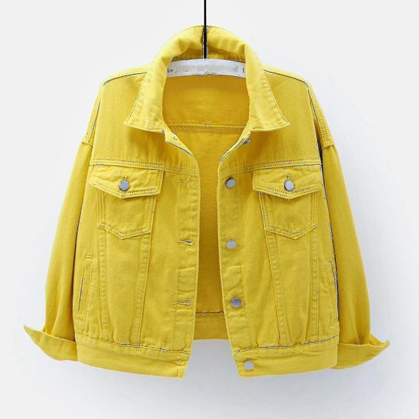 Kvinnor vår- och höstkappor Varma solida långärmade jeansjacka Ytterkläder Yellow S