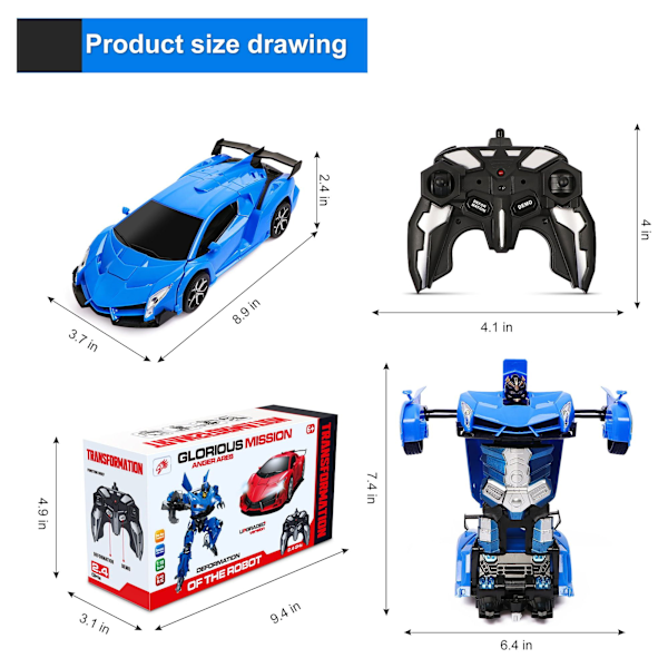 Fjärrstyrd Bil Transformer Robot RC Bilar för Barn 2.4Ghz 1:18 Roterande Stunt Racebil Blå
