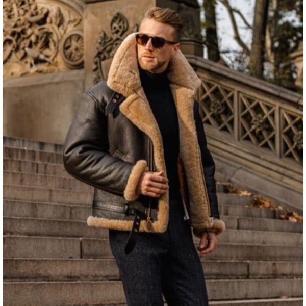 HERR Kamel Snygg Flygande Läderjacka, Slim Fit Shearling Aviator Bomber Jacka 2XL