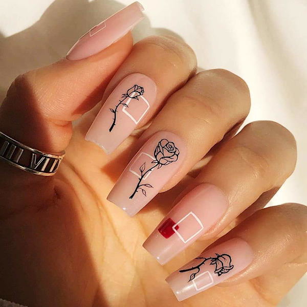 3D självhäftande svartvita rosnagelstickers fransk ihålig blomma nagelkonstdesign manikyr DIY nageldekoration (6 ark)