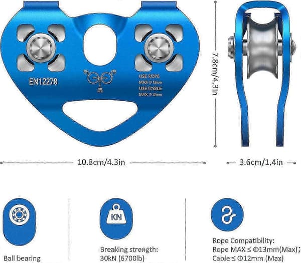 Zip Line Remskive 30KN Tandem Hastighed Dobbelt Remskive til 1/4 5/16 3/8 1/2 Kabel 2025