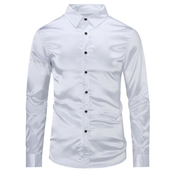 Sliktaa Casual Mode för män glänsande långärmad Slim-Fit formell skjorta White 3XL