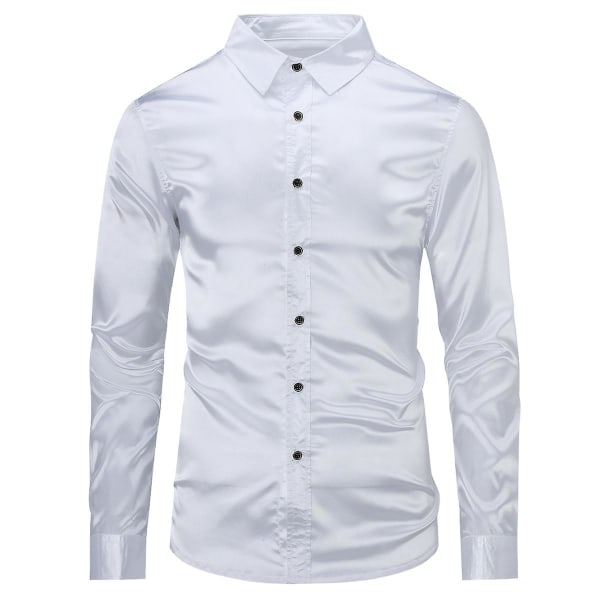 Sliktaa Miesten Rentoutunut Muodikkaat Kiiltävät Pitkähihaiset Slim-Fit Virallinen Paita White XL