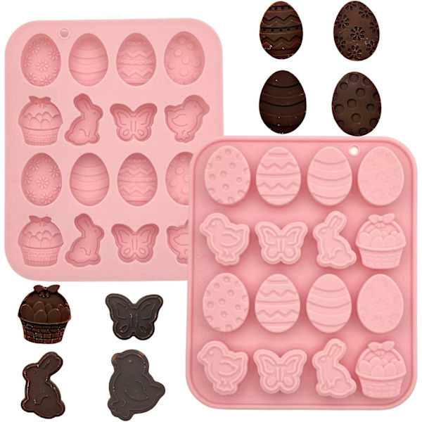 x Påskchokladformar i Silikon, 16 Håligheter, Påskägg, Kanin, Korg, Icke-Klibbiga Bakformar, Vaxsmältningsformar för Barn, Påskfest, DIY Choklad Easter A