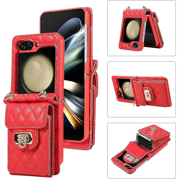 Galaxy Z Flip 5 Pungtaske, crossbody blød lædertaske til Samsung Galaxy Z Flip 5 med 6 kortlommer Red
