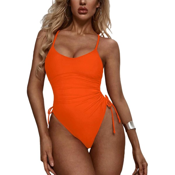 Damernas Rynkade Högutskurna En-Delad Baddräkt Magkontroll Monokini Bikini Orange L