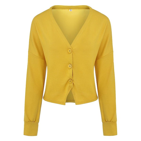 Bomuld Dame V-hals Fashion Design Løs ensfarvet Casual Cardigan 15 farver Yellow XL