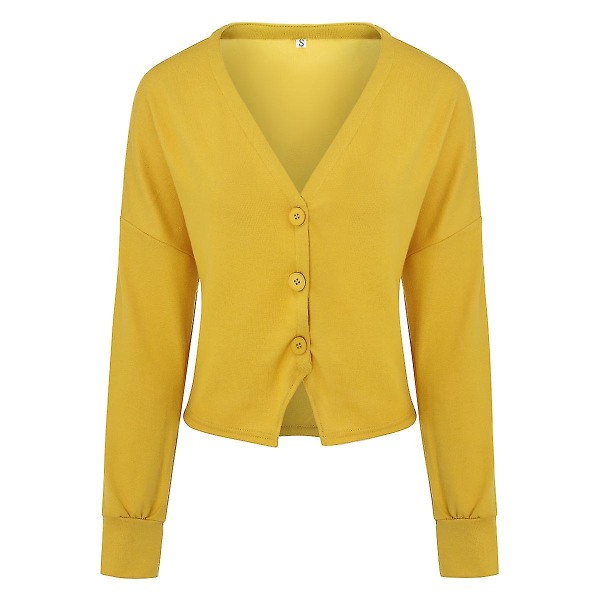 Bomull Dame V-hals Mote Design Løs Ensfarge Casual Cardigan 15 farger Yellow XL