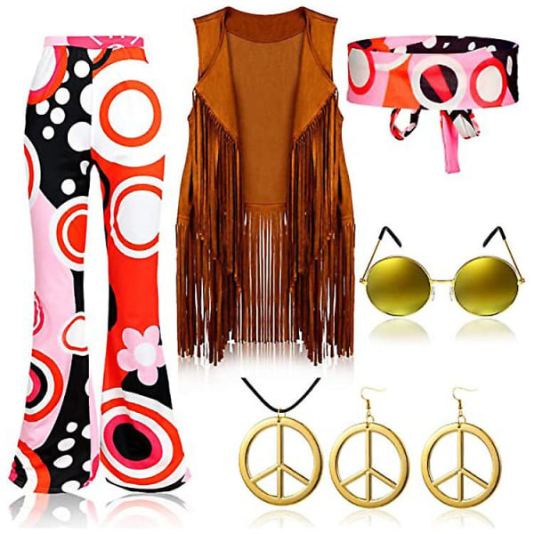 70-luvun Hippi Party Retro-asu Tupsuliivi+housut+huivi Puku Big Circle XXL