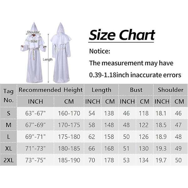 Unisex Voksen Middelalderlig Kåpe Kostyme Munk Hettekåpe Kappe Friar Prest Trollmann Halloween Tunika Kostyme 3 deler White Large
