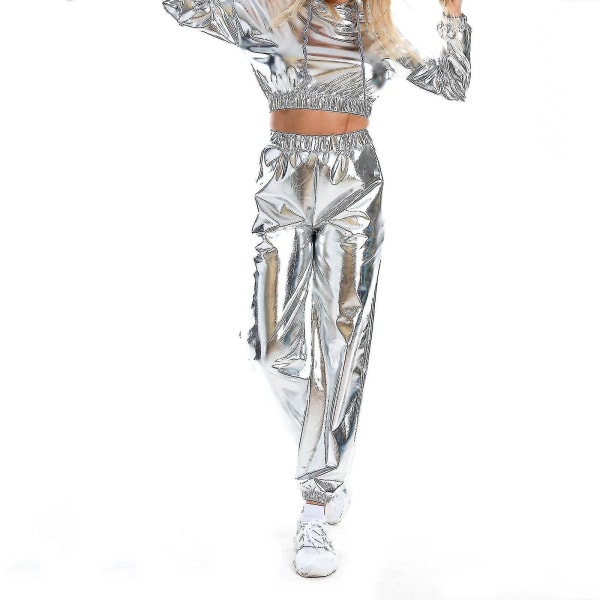 Damemote Holographic Streetwear Club Cool Shiny Causal Pants Silver S