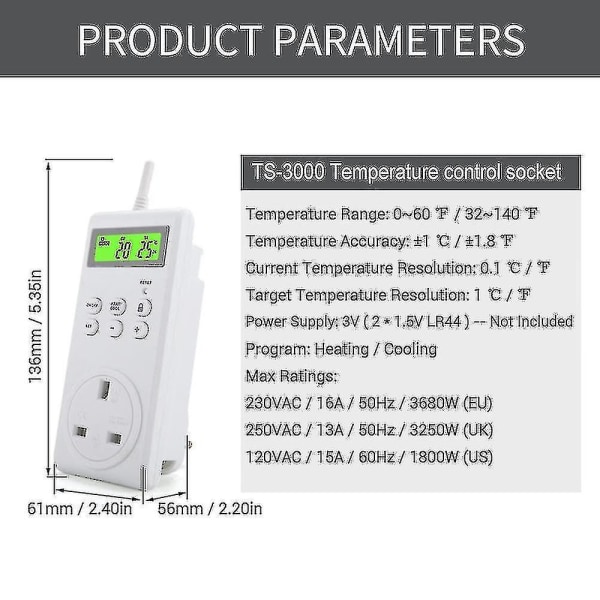 Plug-in termostat Programmerbar trådløs temperaturstyret udgang Varme- og køletilstand Indbygget temperatursensor med LCD-baggrundsbelysning Digital D
