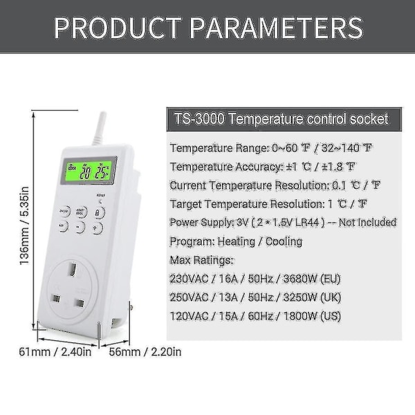 Programmerbar trådløs stikkontakt-termostat med temperaturstyring - Opvarmning og afkøling - Indbygget temperatursensor med LCD-baggrundsbelysning