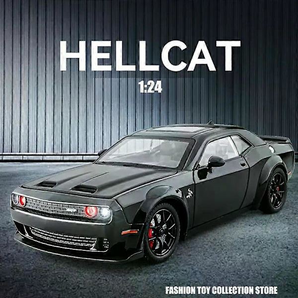 1:24 Dodge Challenger Hellcat Legetøjsbil Støbt Metel Biler Legetøj Træk Tilbage Hellcat Modelbiler med Lyd og Lys Hellc til Børn BLACK-NO BOX