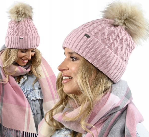 Damvintermössa i rosa med tofs, varm fleecemössa PL
