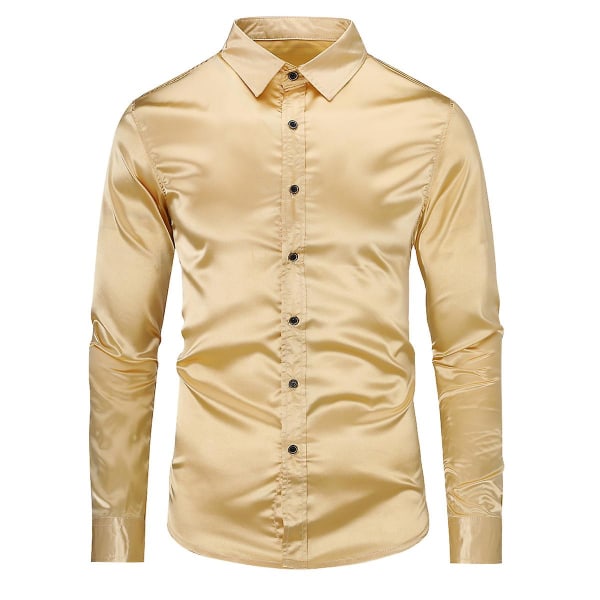 Sliktaa Herre Casual Fashion Shiny Langermet Slim-Fit formell skjorte Gold XL