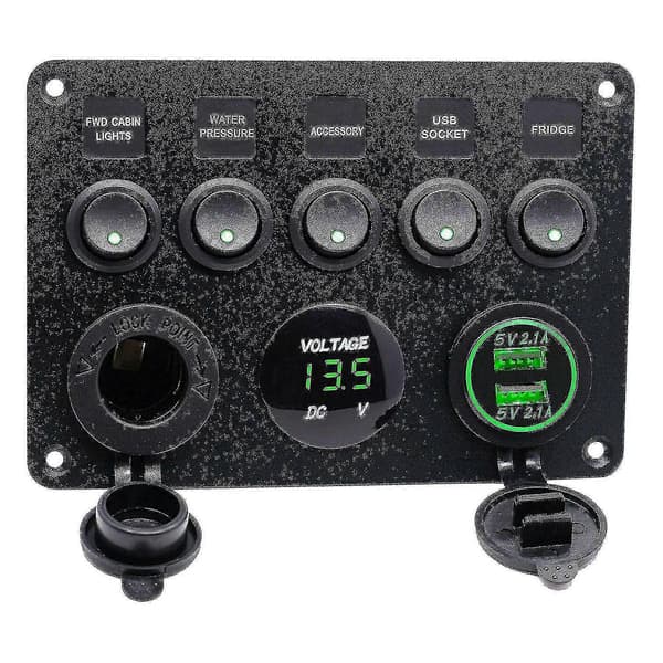 5-vägs 12v/24v Inline-säkringsbox LED-strömbrytarpanel Dubbel USB Bil Båt Lastbil Husbil