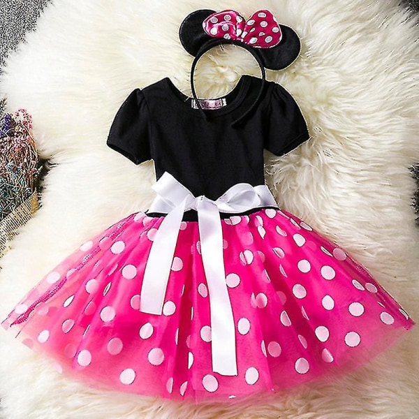 Jentebarn Minnie Mouse Polka Dot Bursdagsfest Bueskjørt Tulle Kjole A Rose Red 18-24 Months
