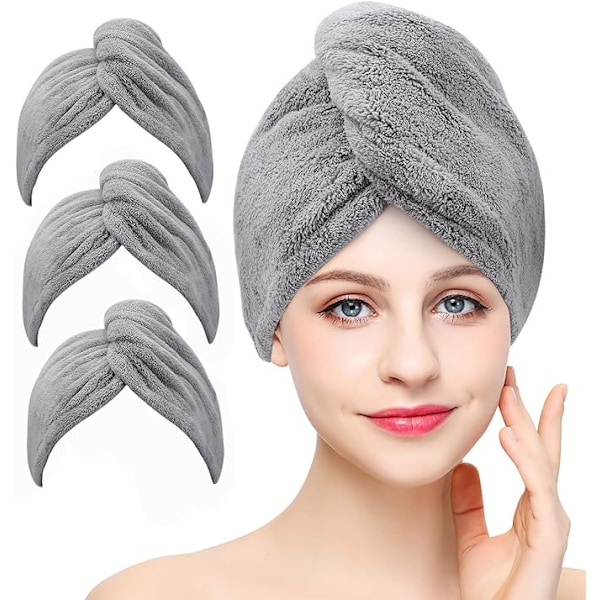 Koral fleece håndklæde/hårwrap, ekstremt absorberende, turban, med knapper Gray