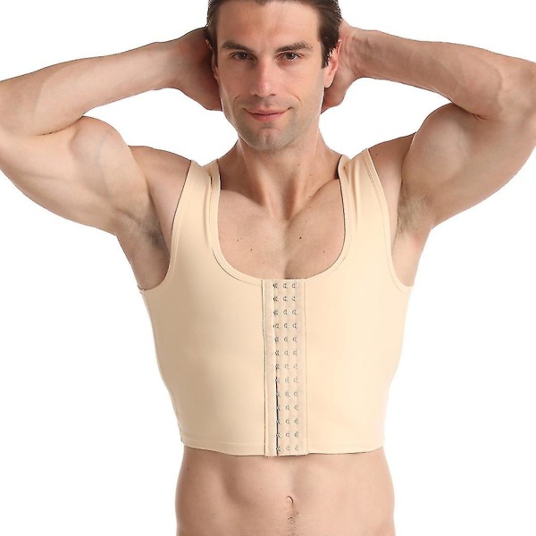 Menn kompresjonskorsett Body Shaper Tank Top Tre-breasted Vest Shapewear Slankende underskjorte Skin Color M