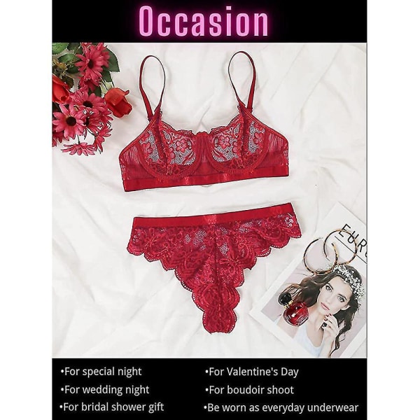 Damunderkläder Set Sexig Genomskinlig Spetsbh Hög Midja Tanga Underkläder Nattkläder Wine Red 2XL