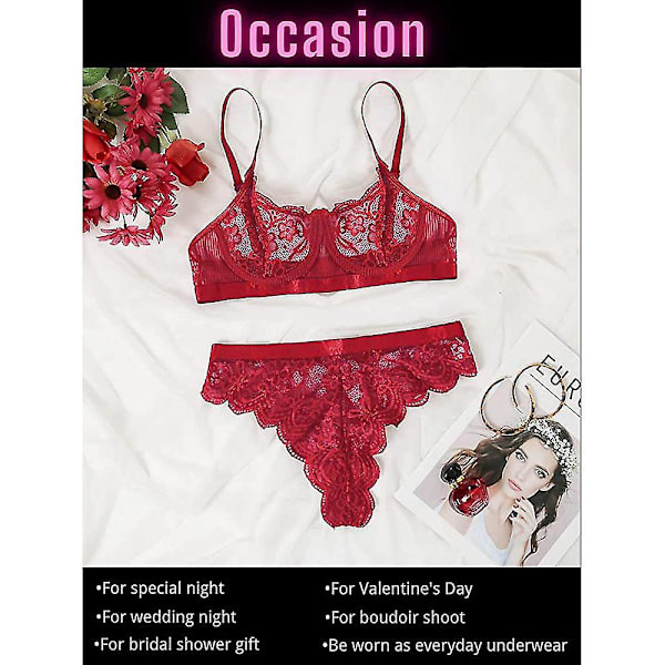 Damunderkläder Set Sexig Genomskinlig Spetsbh Hög Midja Tanga Underkläder Nattkläder Wine Red 3XL