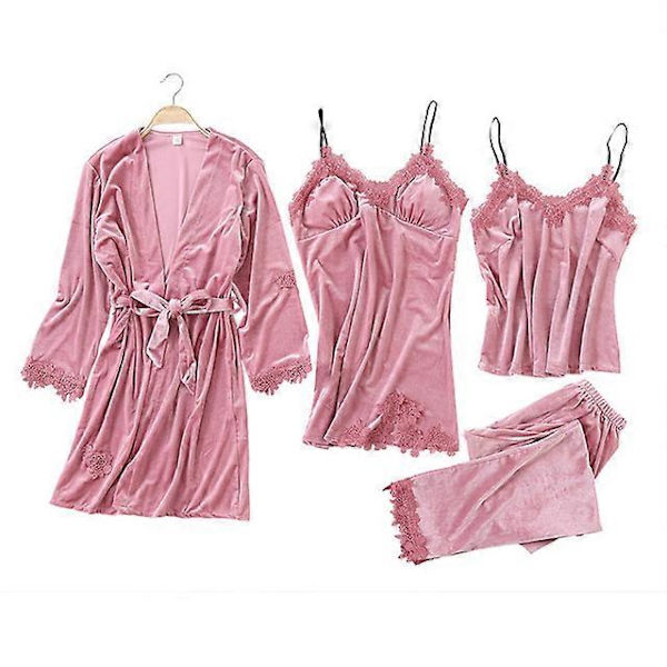 Guld sammet 4 delar varma vinterpyjamas set 1 XL