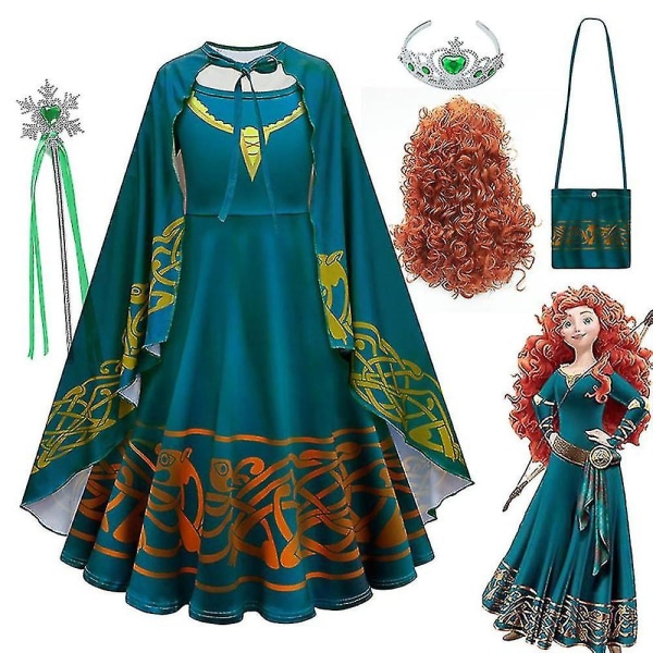 * Elokuva Brave Merida -asu tytöille Halloween prinsessa mekko Lasten Carnival Fantasia Lasten joulujuhlien Cosplay-asu Merida set D 5T 120