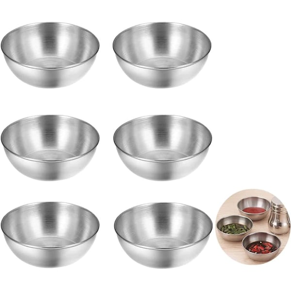 6 rustfrie stålsauceskåle, krydderiskåle, dipskåle, serveringsskåle, sushi sojaskåle, sølv