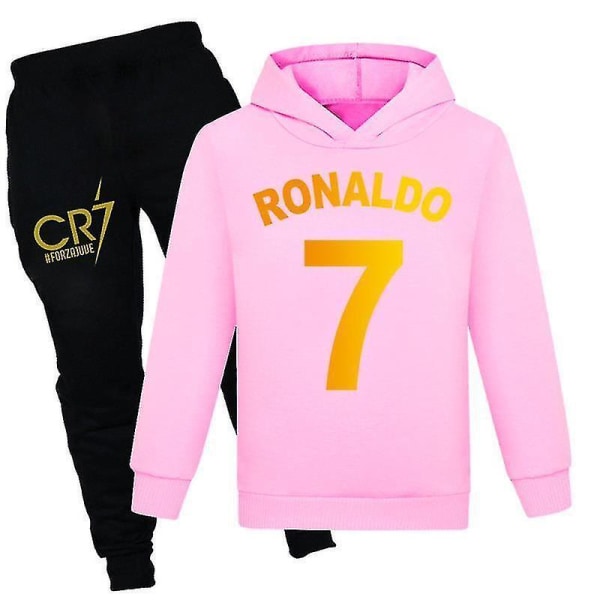 Barn Gutter Ronaldo 7 Print Uformelt hettegenser Joggedresssett Hoody Toppbuksedress 2-14 år Pink 140CM 9-10Y