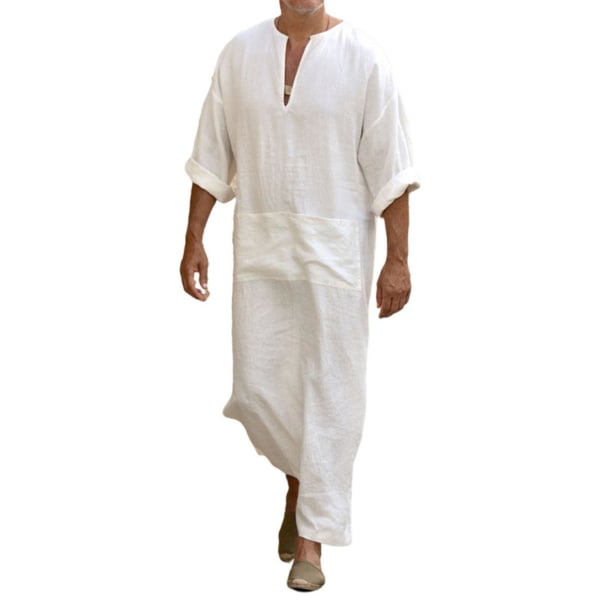 Män Arab Muslim Long Robe Kläder Casual Middle East Islamic Thobe Kaftan Robes White L