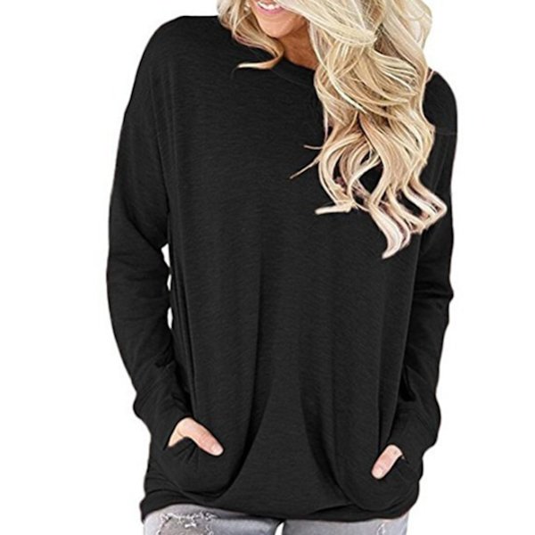 Pyöreäkauluksinen pitkähihainen kevyt ja ohut iholle miellyttävä pusero työmatkalle Black XXL