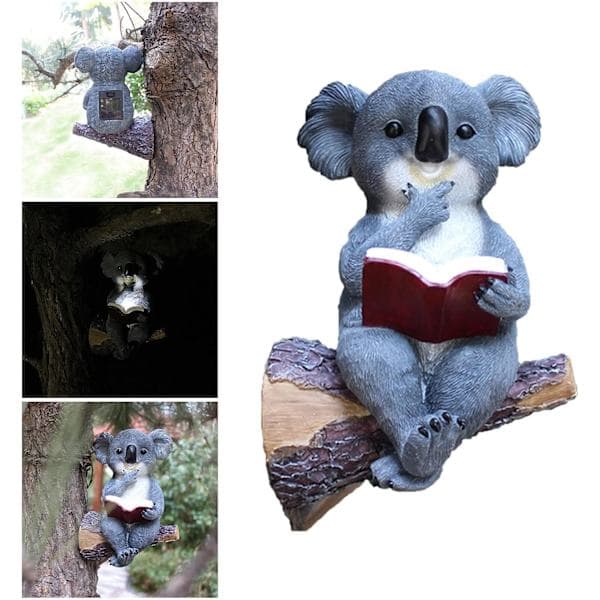 Sun Bear Reading a Book, Garden Statue, Koala Bear Solar LED Light, A