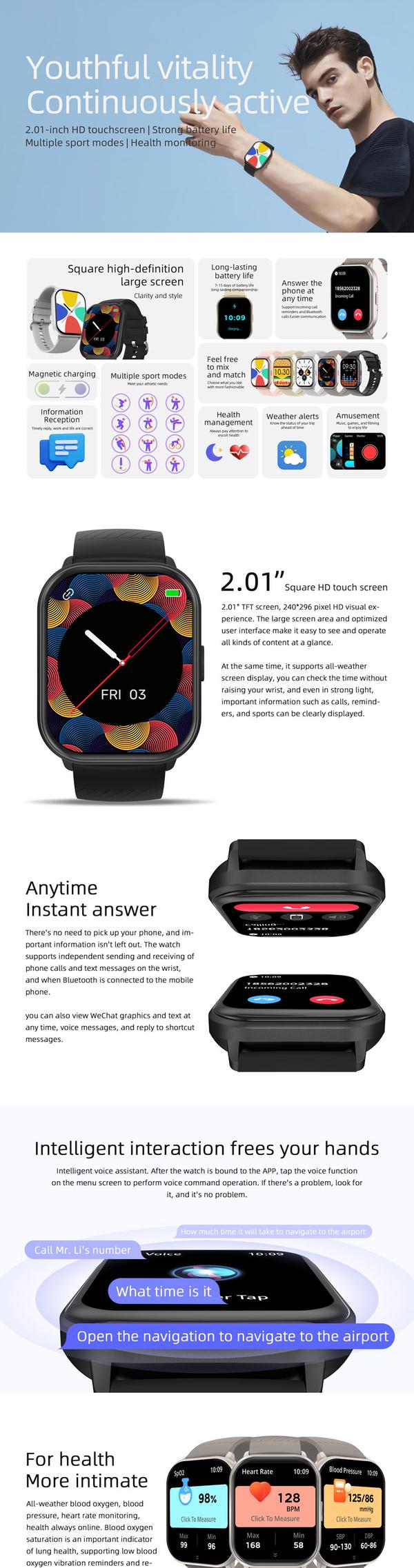 Smartwatch - RNCYN - 2.01 inches - Full Touch Screen - BT Call - Activity Tracker - ZL99J