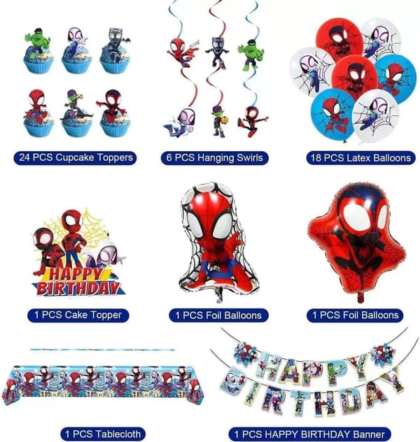 Spidey-themed Birthday Party Supplies. These decorations include \"Happy Birthday\" banners, tableware, tablecloths, balloons