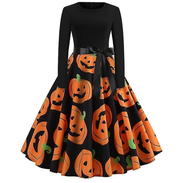 Halloween-kjoler til kvinders skelet græskartrykt cosplay festkostume D_5 orange M
