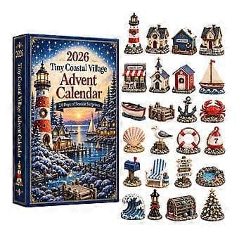 Adventskalender med liten kystby, 24-dagers julenedtellingsdekorasjon