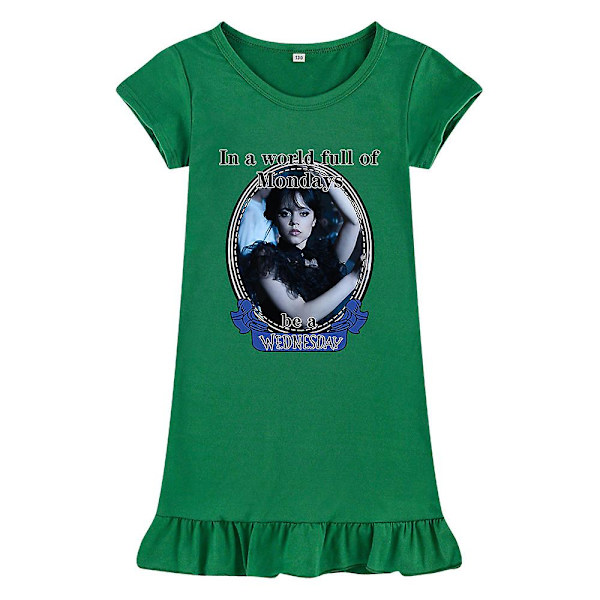 Barnflickor Wednesday Addams Tryckt Addams Familj Tema Sovklänning Kortärmad Sommar Rundhalslös Lös green 150